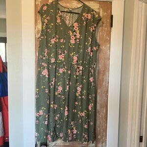 Old Navy Olive Green Midi Dress with Pink Floral Print